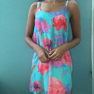 turquoise floral silk tank dress